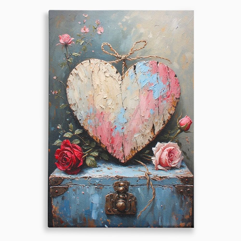 Tablou canvas cu tablou canvas cu inima din lemn si flori, fara rama, pe sasiu de lemn